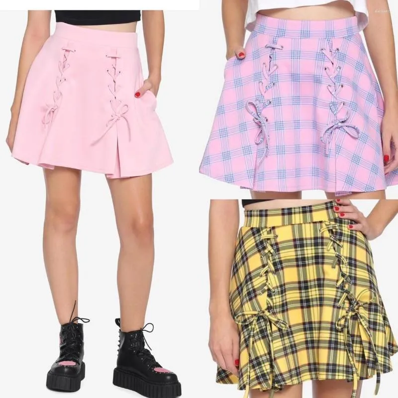 Skirts Export USA Street Punk Rock Lace-Up A- Line JK College Sexy Mine Laastic Pink Skirt