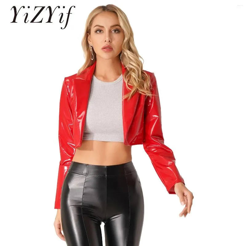 Women's Jackets Fashion Long Sleeve Crop Jacket For Women Glossy Patent Leather Lapel Cropped Coat Ladies Wetlook Clubwear Cosplay Party