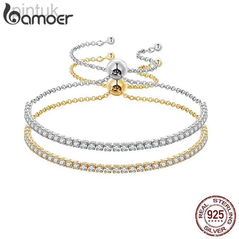 0r5y سلسلة Bamoer 14K Gold Plated CZ Classic Tennis Bracelet for Women 925 Sterling Silver Slider Slider Bracelet Genterment Deply D240419