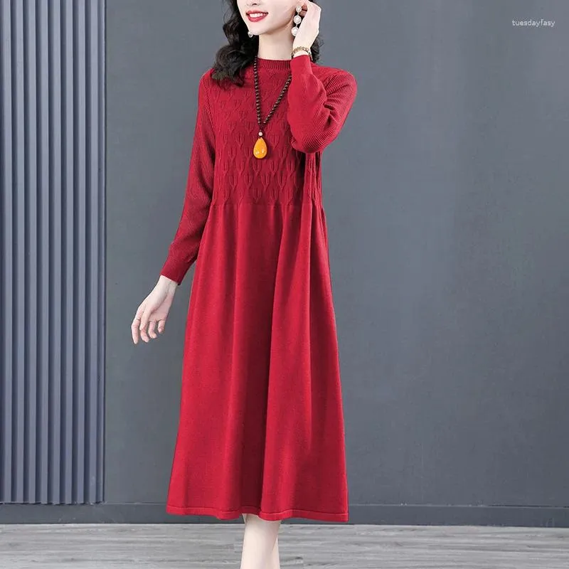 Casual Dresses 2024 Fashion Knitted Dress Women's Autumn/Winter Solid O-Neck Long Sleeve Loose Fit Holiday Travel Vestidos