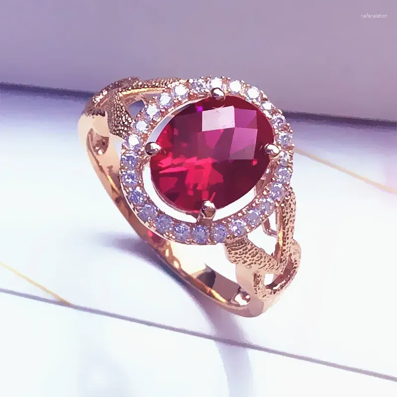 Cluster anneaux Original Design585 Purple Gold incrusté ovale Ruby Engagement pour femmes Rose ouverte 14K Bijoux glamour élégant luxe