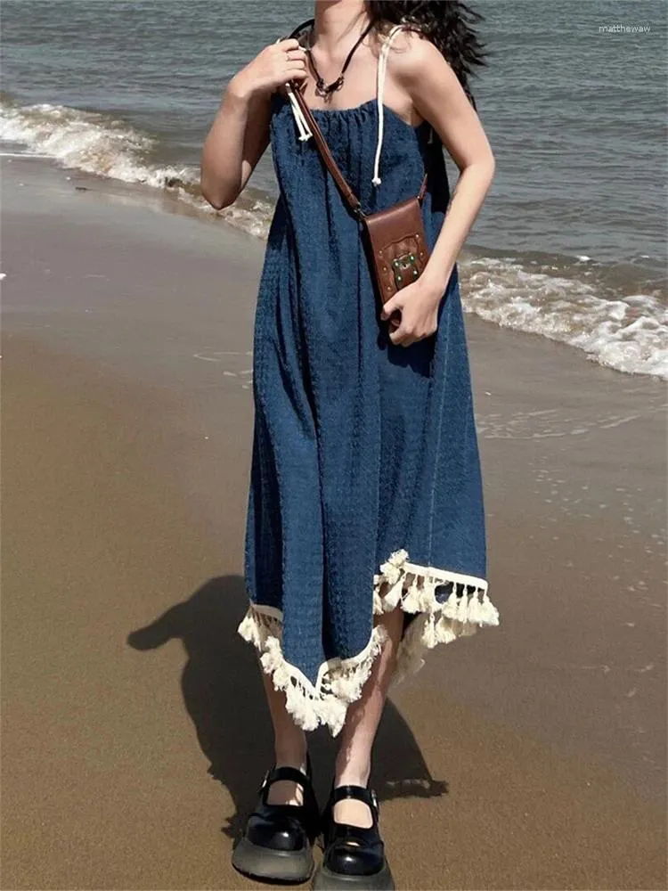 Casual Dresses 2024 Summer Beach Dress French Style Blue Suspender Lady Students Fairycore Tassel Deigner Sleeveless Midi