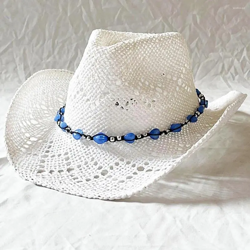 Cappelli larghi cappelli di paglia cappello da cowboy occidentale elegante in stile da cowboy con arredamento per perle regolabile pennellabile per esterno