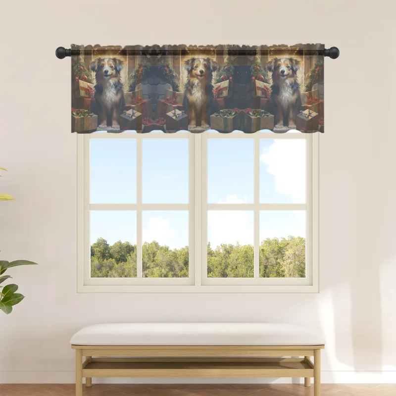 Curtain Christmas Oil Painting Dog Sheer Curtains For Kitchen Cafe Half Short Tulle Window Valance Home Decor