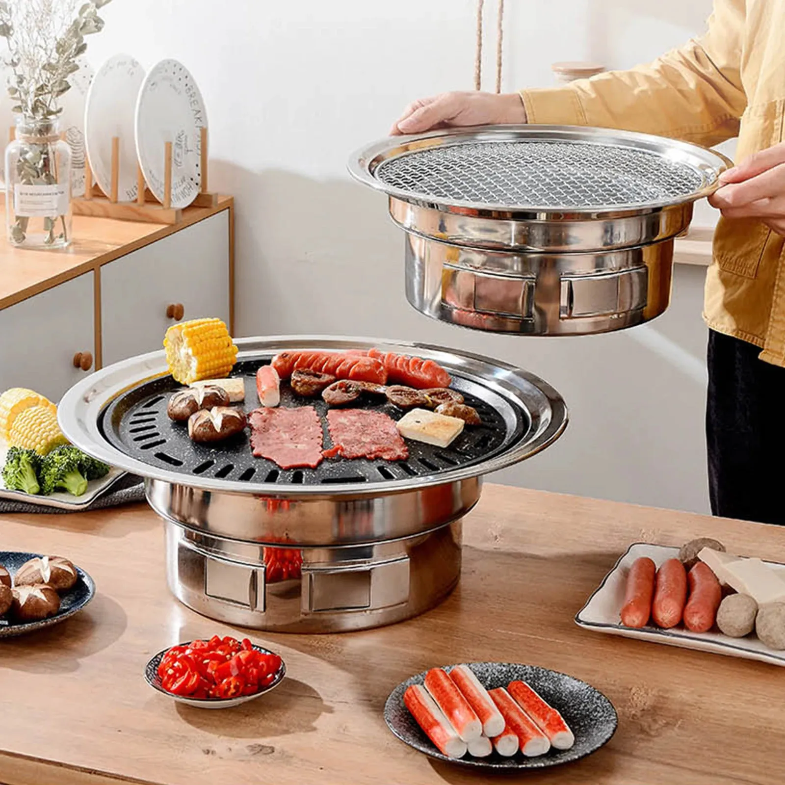 13inch Koreaanse BBQ Grill multifunctionele houtskool barbecue ronde camping fornuis tabletop roker gegrild netvak 240415