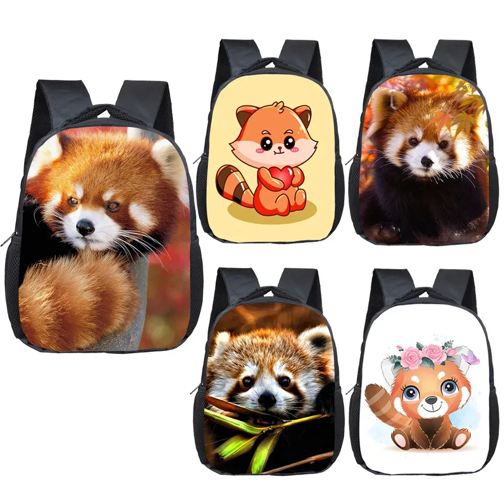 Väskor kawaii tecknad röd panda ryggsäck för 24 år gamla barn barn skolväskor 12 tum pojke tjej mini småbarn bokväska gåva