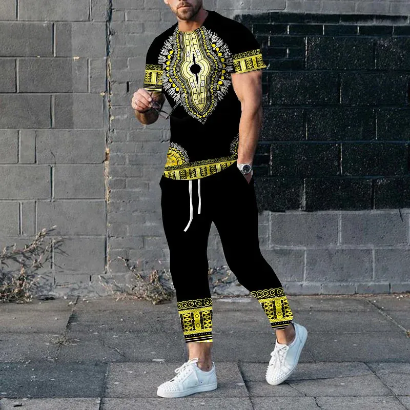 African Dashiki T-Shirts Sweatpants Sets Ethnic Style 3D Print Mens Oversized Short Sleeve T Shirt Trousers Set Suits Clothing 240417