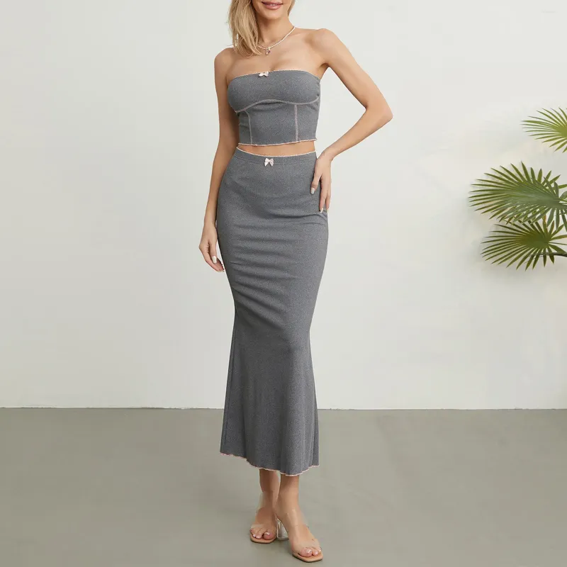 Work Dresses Women Skirt Set Sex Casual Slim Elegant Bow Strapless Backless Tube Top With Midi Summer Outfit