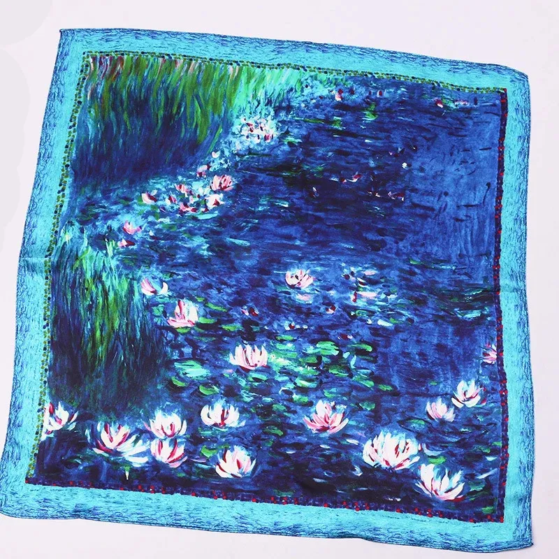 Marca 100% Natural Mulheres de seda lenço Claude Monet Pintura a óleo Lily Lily Bandana Fouard Feminino Feminino Feminino Lenços 53*53cm 240323