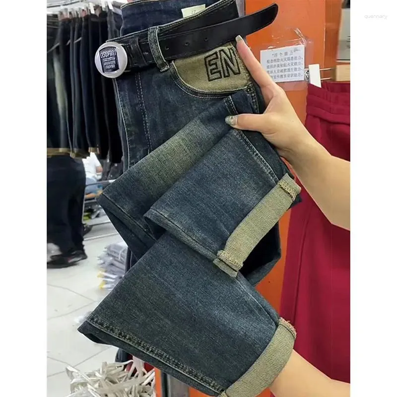 Kadınlar Kot Bahar Sonbahar Yüksek Bel Düz Kadınlar Gevşek Uygun Streç Haren Denim Pantolon Bayanlar Ayak bileği uzunluğu Cowgirl Lady