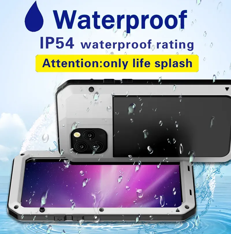 Metal Case For iphone 12 11xs max  p30 mate 30 Note 20 S10 S9 PLUS with tempered glass cover shockproof Waterproof case