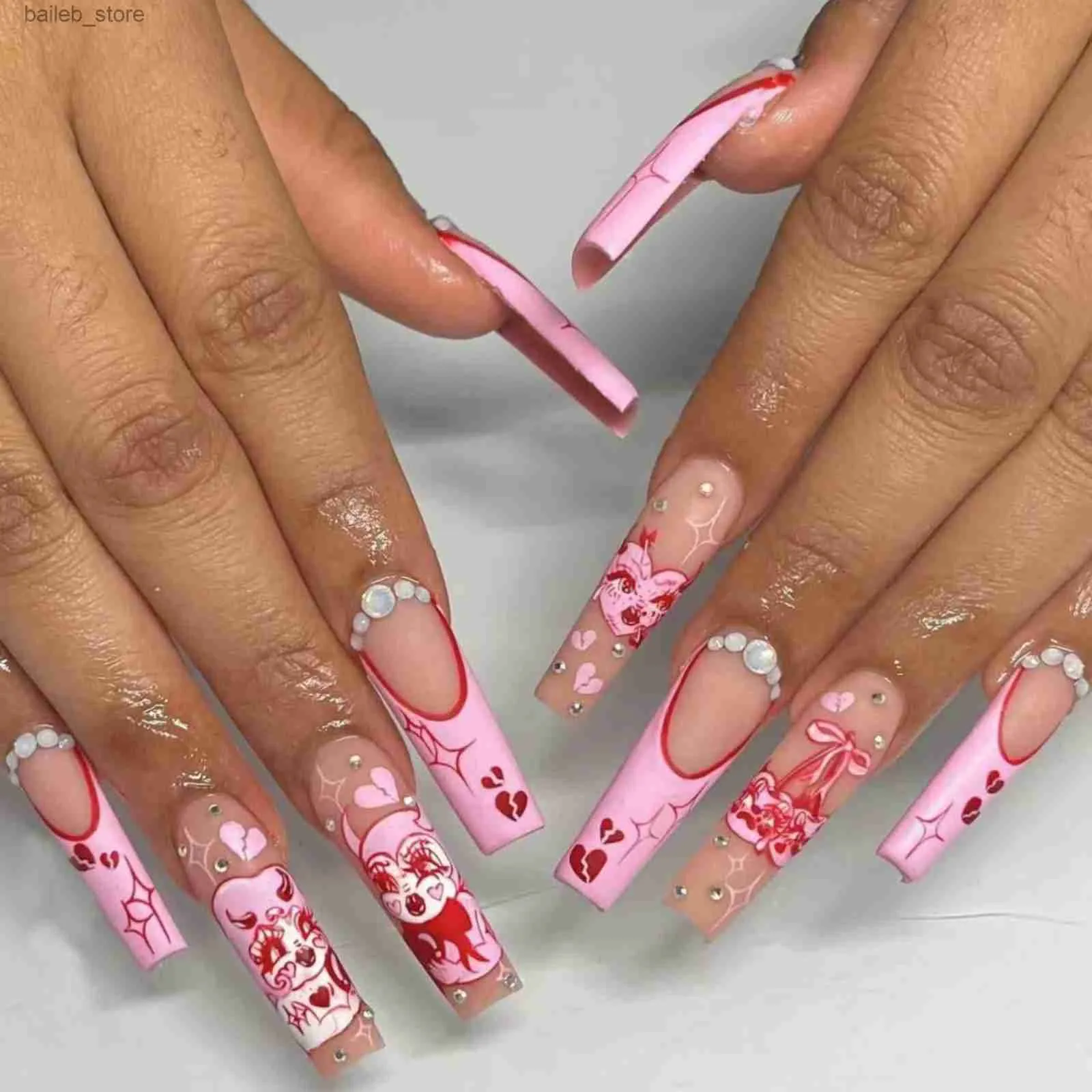 False Nails 24pcs Pink Girl Fake Nails Red Heart Press on Nails Patch Long Ballet Fake Nail Tips Valentines Day Gifs for Girlfriend Women Y240419