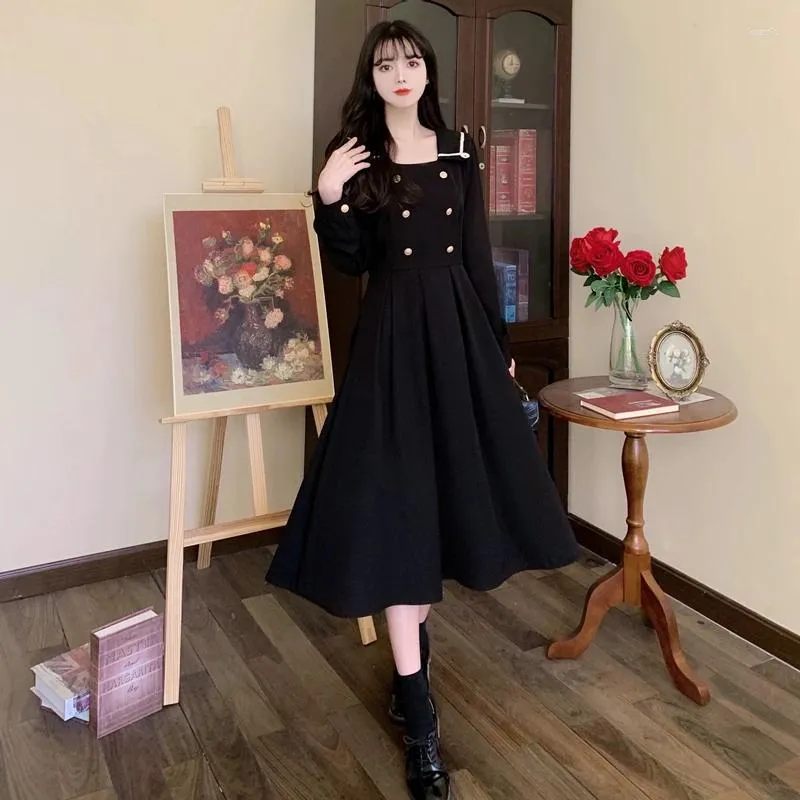 Casual Dresses Spring Navy Collar Black Dress Women Vintage Elegant Loose Long Sleeve Maxi Fashion Female