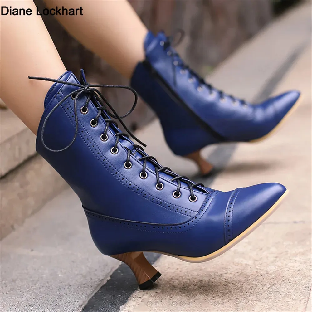 Lacet up dames hauts chaussures étranges steampunk bott victorien bottines femmes pointues pointues bottes courtes semelles 240418