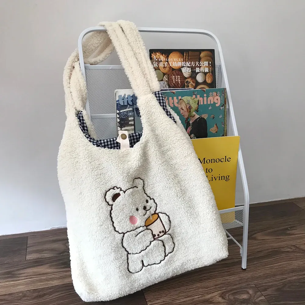 Bags Women Canvas Shoulder Bag Warm Plush Cloth Fabric Handbag Soft Cotton Tote Large Capacity Embroidery Bear Book Bags For Ladies