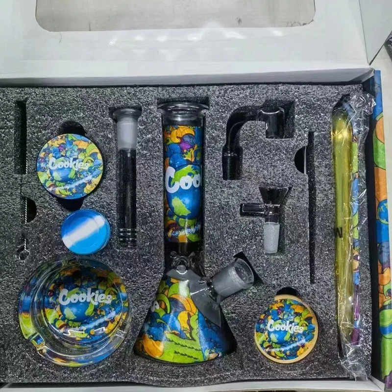 Glass Bong Hosah Kit tjockt vattenrör med ört Tobaksslipare förvaringstank tillbehör rök bongs set dab rigg