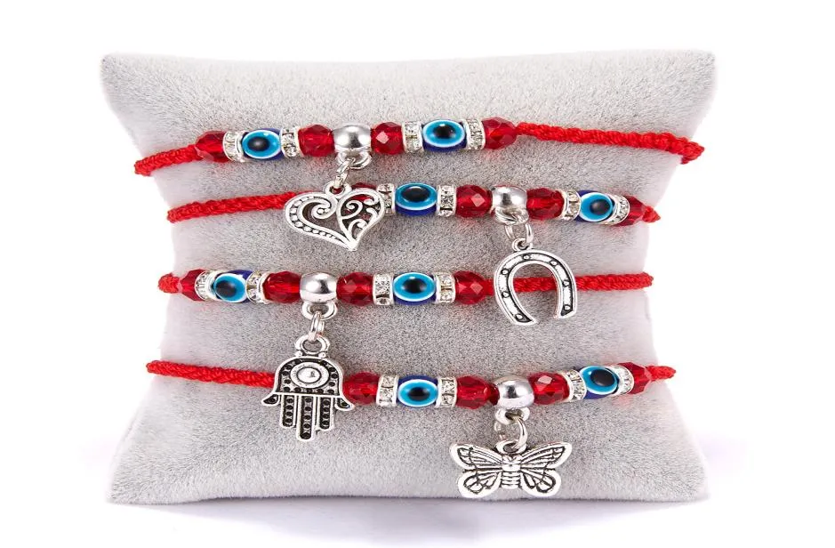 2020 الأزياء الحمراء الأزرق الأزرق التركي العيون حبة سوار الخيط Hamsa Horseshoe Heart Butterfly Dangle Charms Jewelry8959901