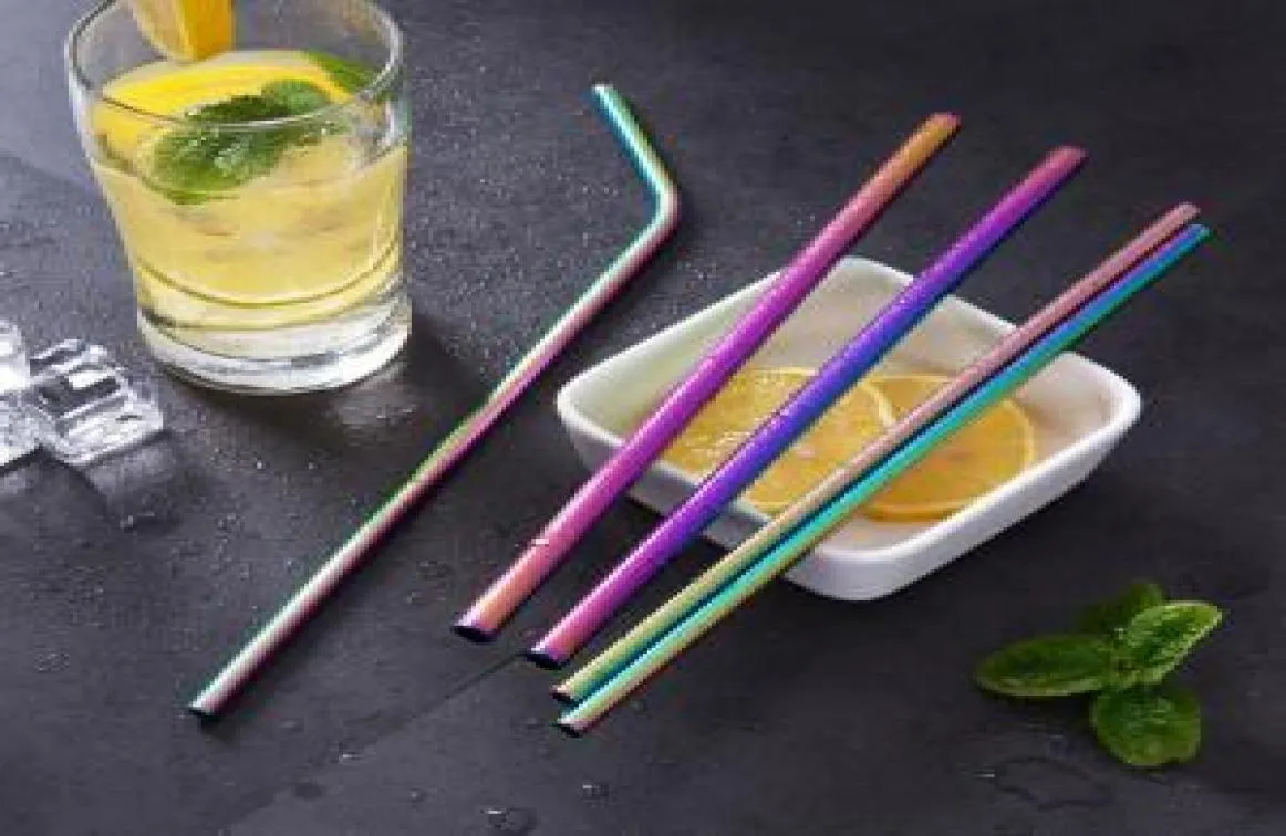 Rainbow Stali Stael Straws 6mm 85 cala 105 cali kolorowe wygięte proste wielokrotne użycie do picia słomy metalowa słoma OOA63096830184