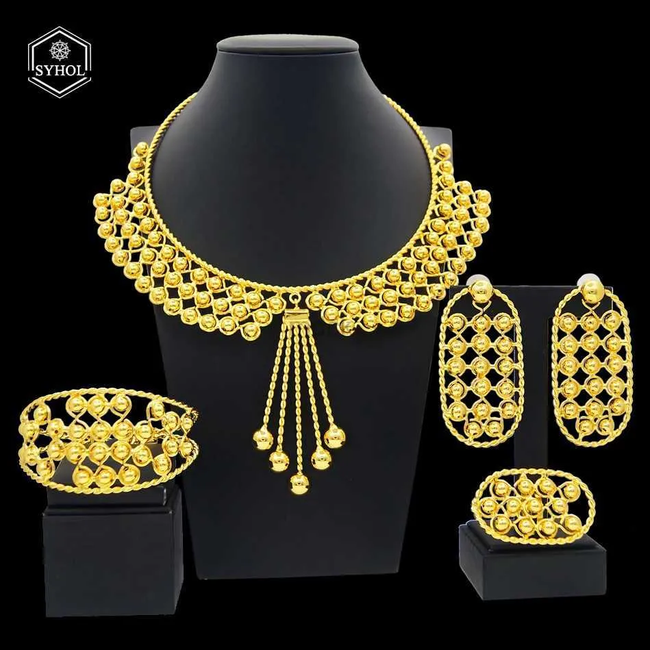 Pendanthalsband Syhol Ladies Jewelry Set 24k Gold Plated Original Dress Luxury Necklace Earrings Wedding Banket Dubai Gold Jewelry 240419