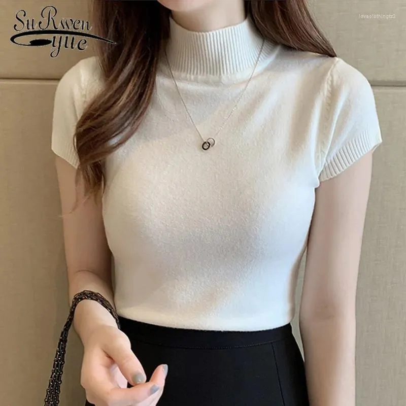 Dames truien Casual vrouwen kleding Koreaanse Koreaanse korte mouw gebreide top Blusas Mujer de Moda Spring Summer Solid Slim Turtleneck White Blouse