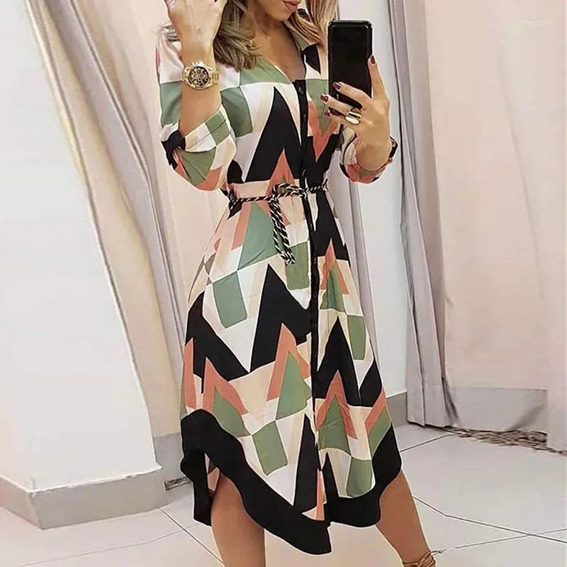 Casual Dresses Women's Elegant Shirt Dress 2024 Spring And Autumn Geometric Print Long Sleeve V Neck Vestidos Vacation Lace Midi