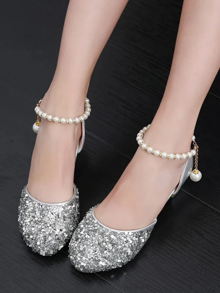 Girl's Crystal Princess Sandals Bling Bag Toe schoenen Hoge hak voor feest 412 jaar oude kinderen 240408
