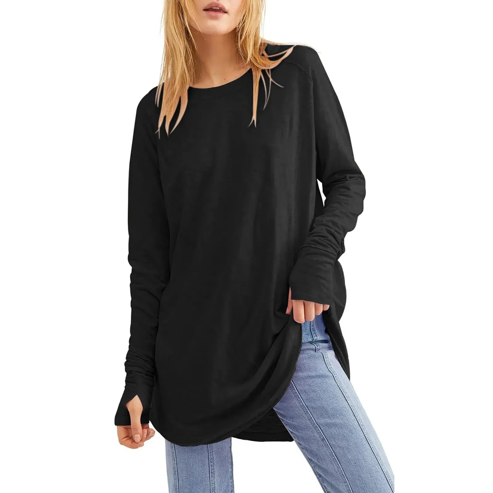 Plus Size Womens Solid Round Neck Loose Long Sleeve Medium Length Leaky Thumb Tshirt Top 240412