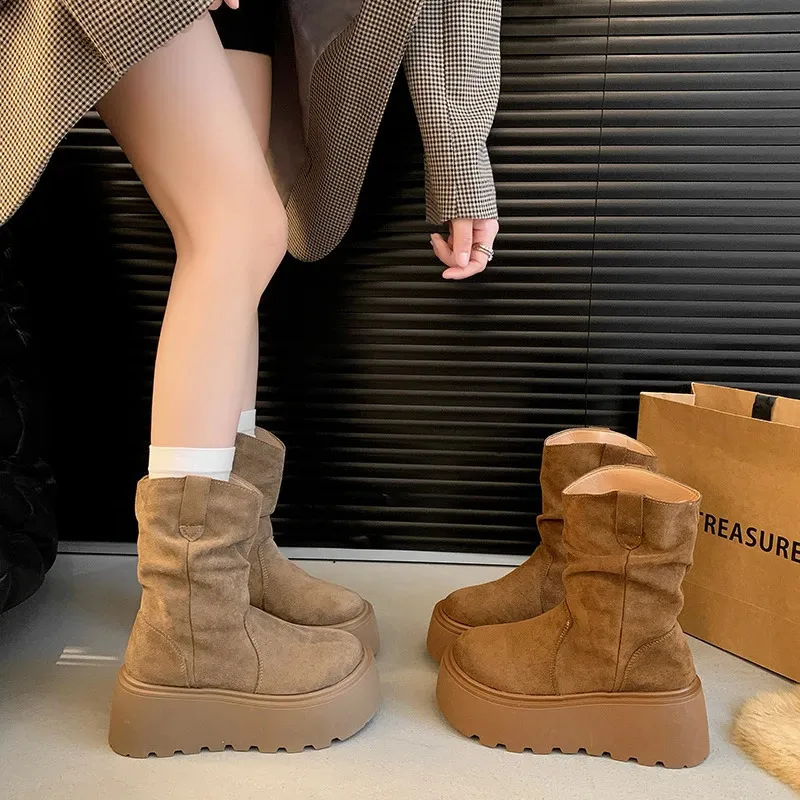 Suede Platform Ankle Boots For Women Mid Heel Walking Shoes Non Slip_voghion.com