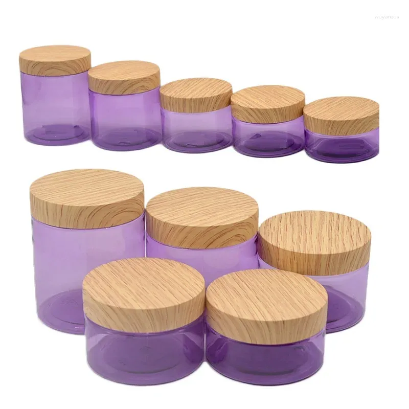 Garrafas de armazenamento capa de madeira falsa de madeira de estimação de animais de estimação recipiente 100g 120g 150g 200g 250g vazio Clear Purple Face Bottle Bottle Plastic Plash com