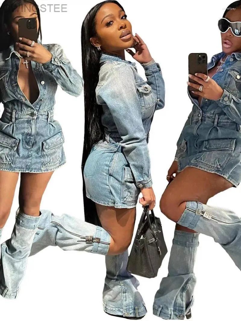 Casual jurken Blue Denim 3 -delige set vrouwen sexy reversknop lange mouw mini -jurk en broek been matching herfst 2024 streetwear