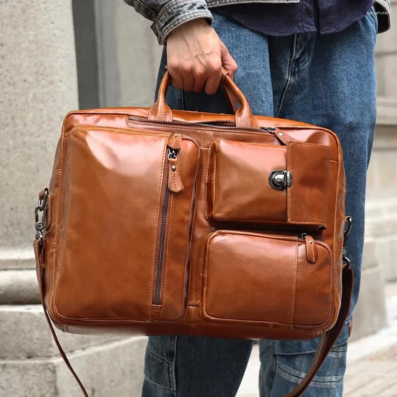 Bortkroppar Business Leather Portcase Man Bag Multifunktionella retro Män axel 17 tum datorhuvudlager Kohude Handväska