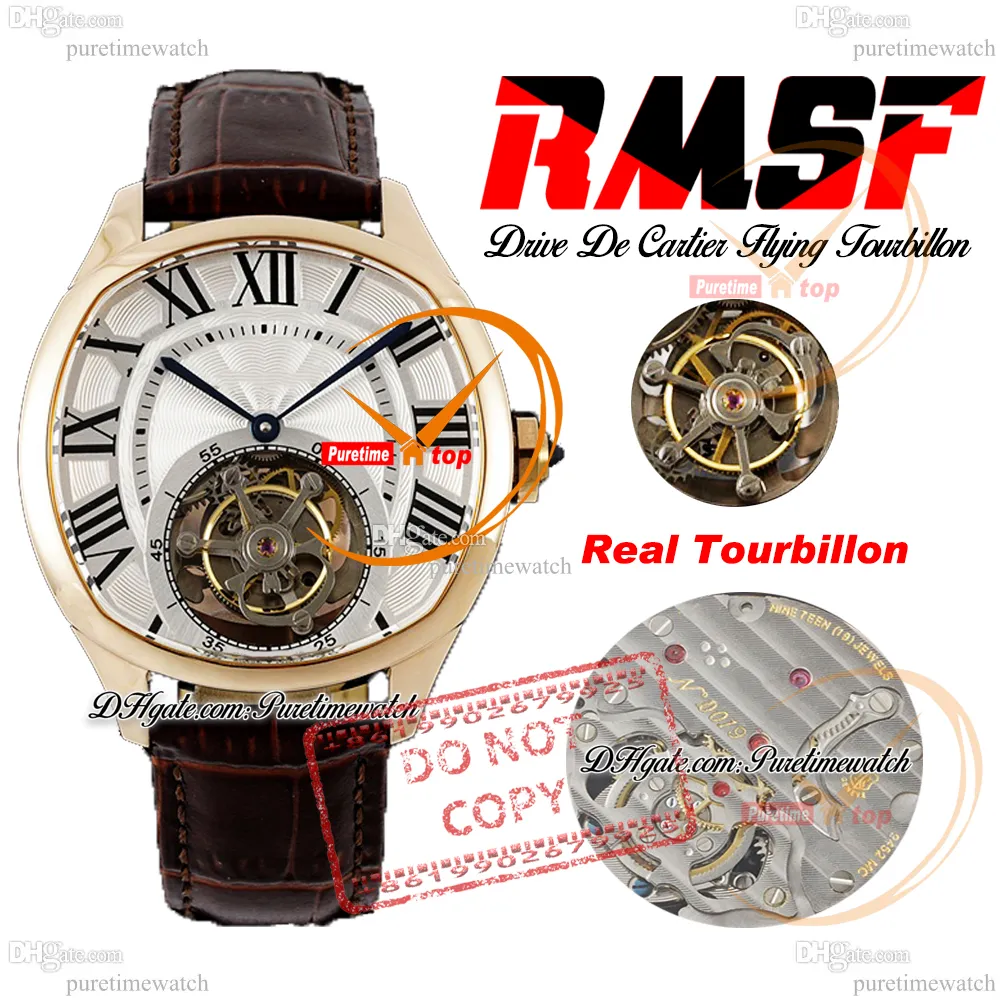 Drive Flying Tourbillon Automatic Mens Watch Rmsf Rose Gold Silver Black Roman Dial Brown Leather Strap Super Edition Montres Reloj Hombre Montre Puretime Ptcar