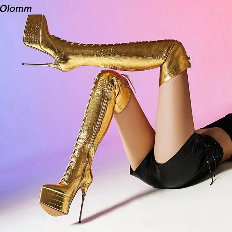 Boots Olomm Femmes Hiver sur le genou Crocodille Side Zipper Stiletto Talons pointés Points de fête Gold Party Plus US Size 3-10.5