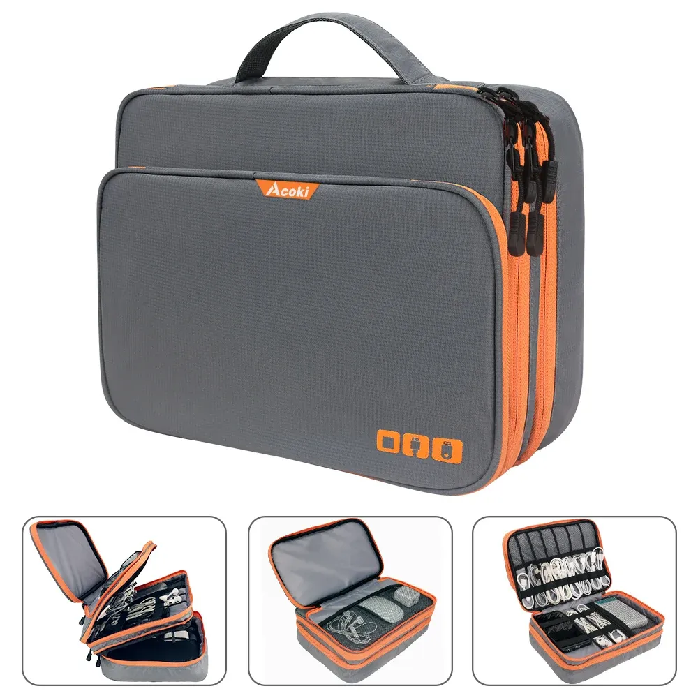 Bolsa Bolsa de armazenamento de acessórios eletrônicos de três camadas com organizador de cabos de bolso frontal de grande capacidade para iPad