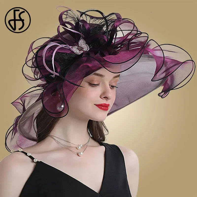 FS Wedding Bride Wide Brim Fascinators Fedora Hats For Women Ladies Organza Sun Flower Party Kentucky Church Fedoras Hat 240417