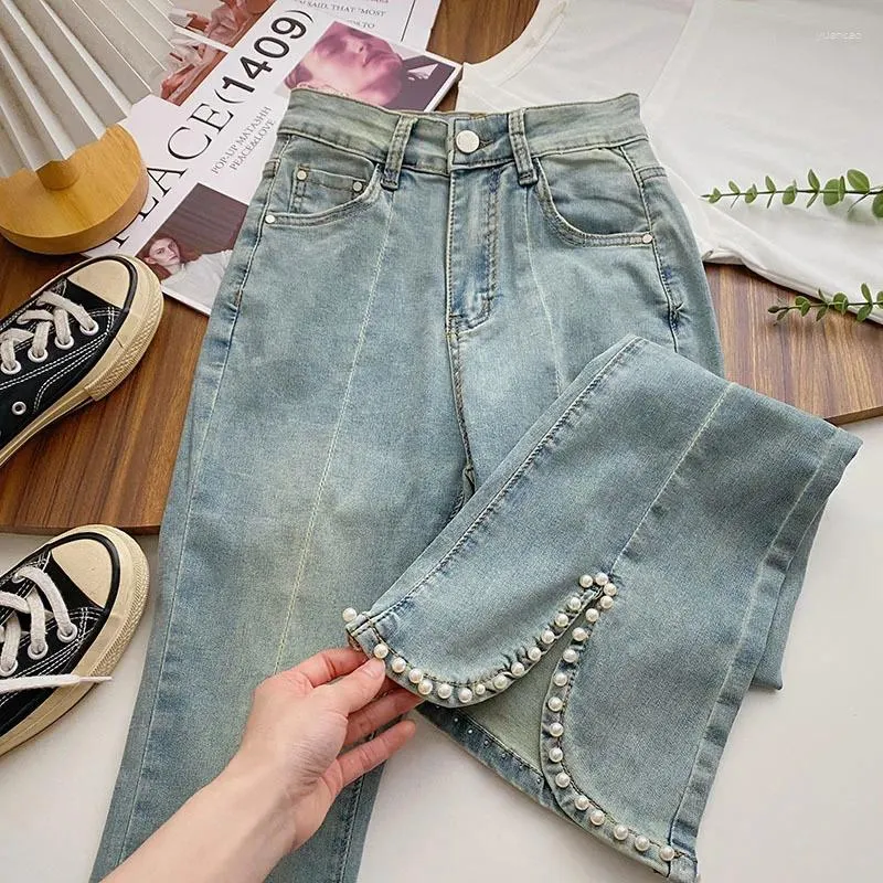 Women's Jeans 2024 Retro Denim Pants Female Hight Waist Fashion Split Beaded Button Slim Wide Leg Trouser Women Casual Long Flare