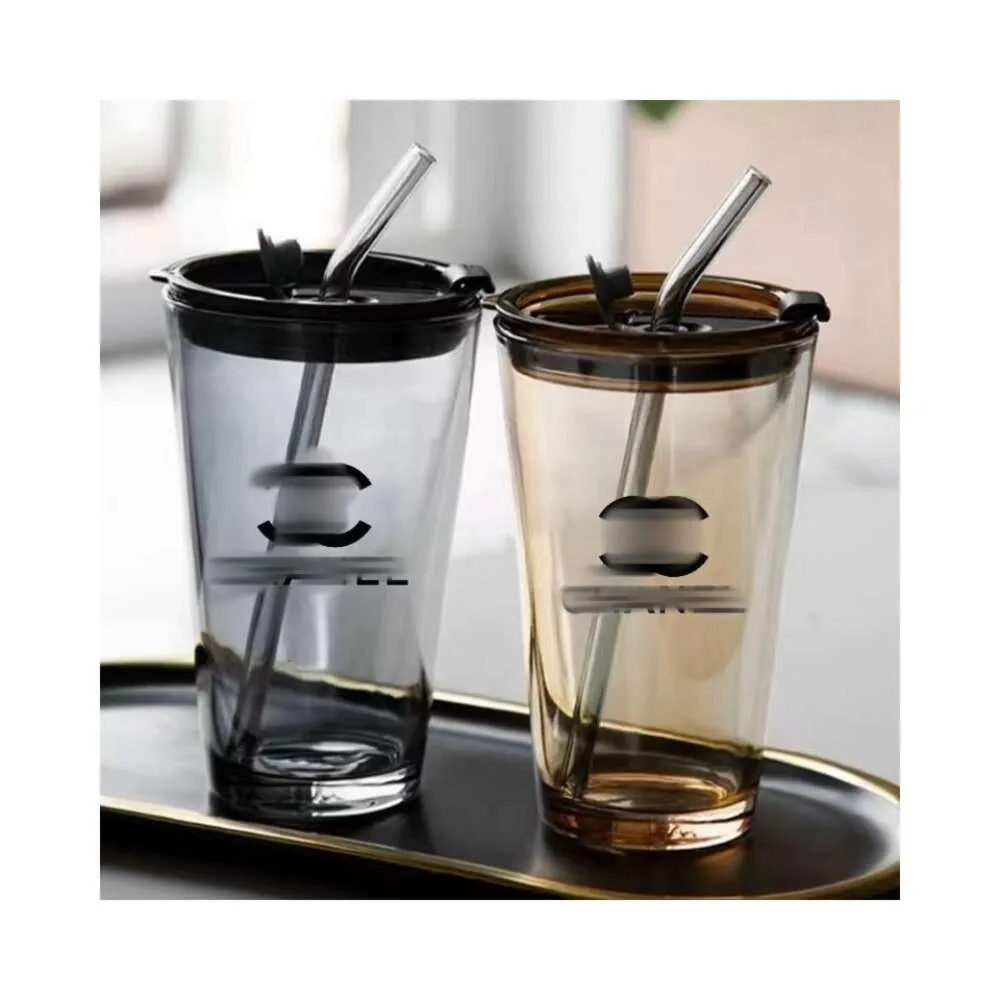 Chanells Cup Cups Large Capacity Household Water Cup Glass Straw with Lid Cup Water Cup High Appearance Instagram Glass Cup gift mug