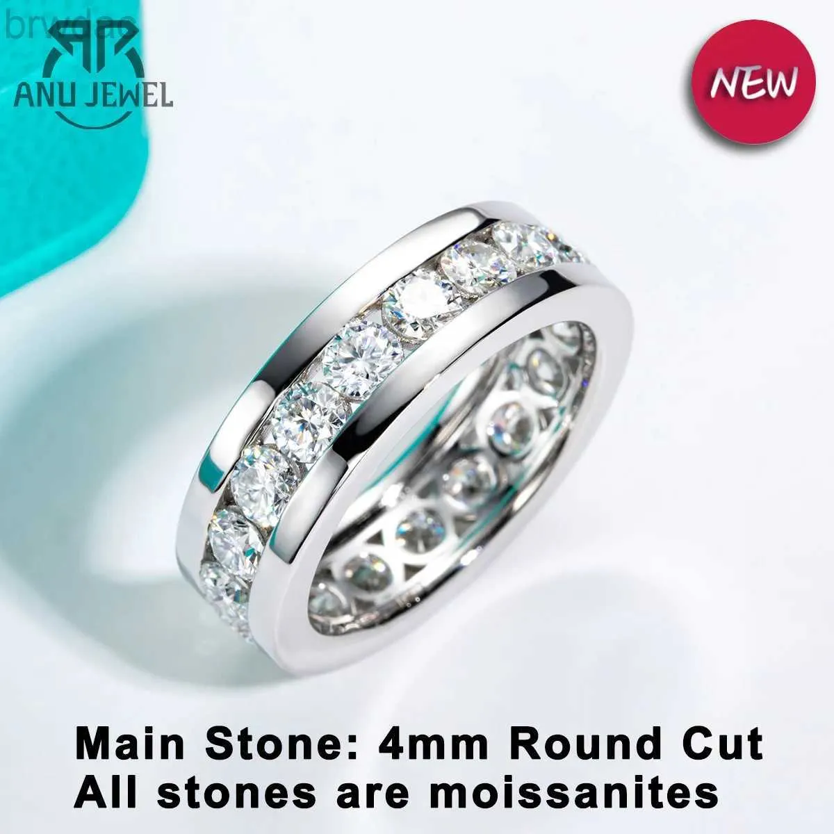 Кольцо для солятерии Anujewel 4 мм Moissanite Frong Band Кольцо S925 Серебряное серебро Moissanites Eternity Band Кольцо мужчины мужчины кольцо ювелирные украшения оптом D240419