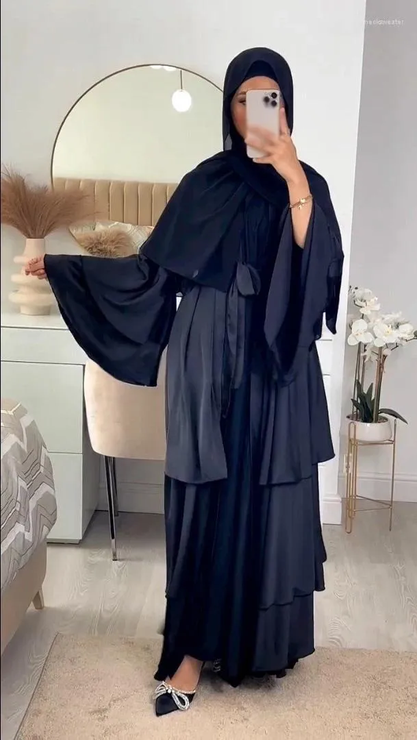 Roupas étnicas Eid Satin Abaya Dubai Open Kimono Cardigan Kaftan Mulheres Muslim Ruffle Flare Sleeve Dress Dress Robe Arabic Robe Marcain vestido