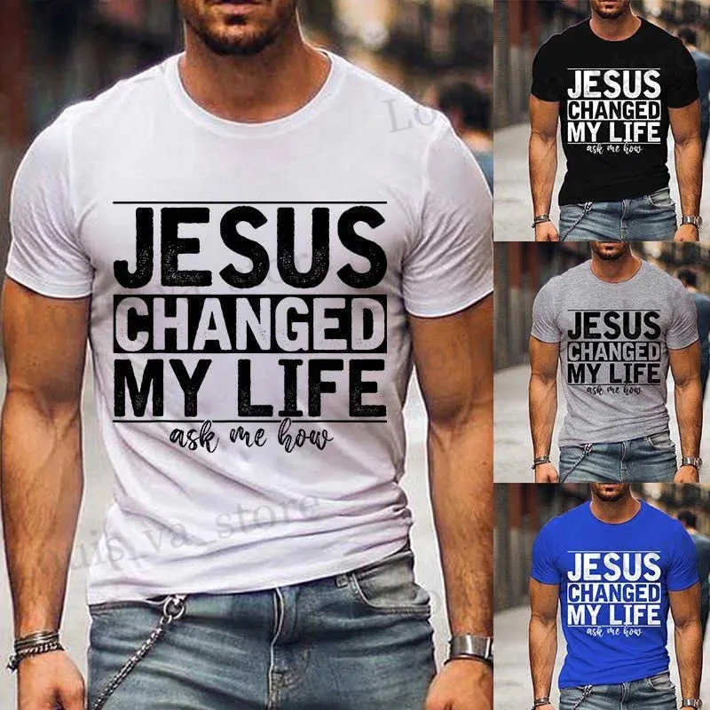 T-shirts masculinos Men tmame de moda engraçada Jesus mudou minha vida pergunte-me como a camiseta imprimida Camista Cristã Jesus Graphic Cirher unissex Casual T240419