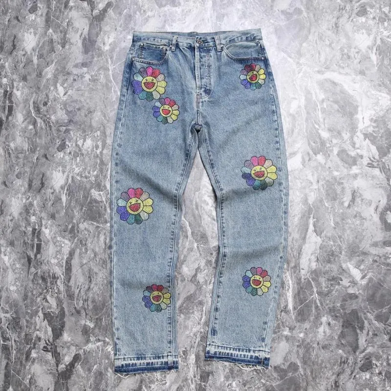 Women's Jeans High Street Washing Do Old Colorful Diamond Sunflower Straight Leg Loose Fashion Men Women