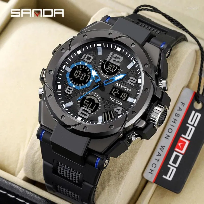 Orologi da polso sanda sports orologio per gli uomini doppio tempo multifunzionale allarme impermeabile militare quarzo orologio da polso elettronico reloj