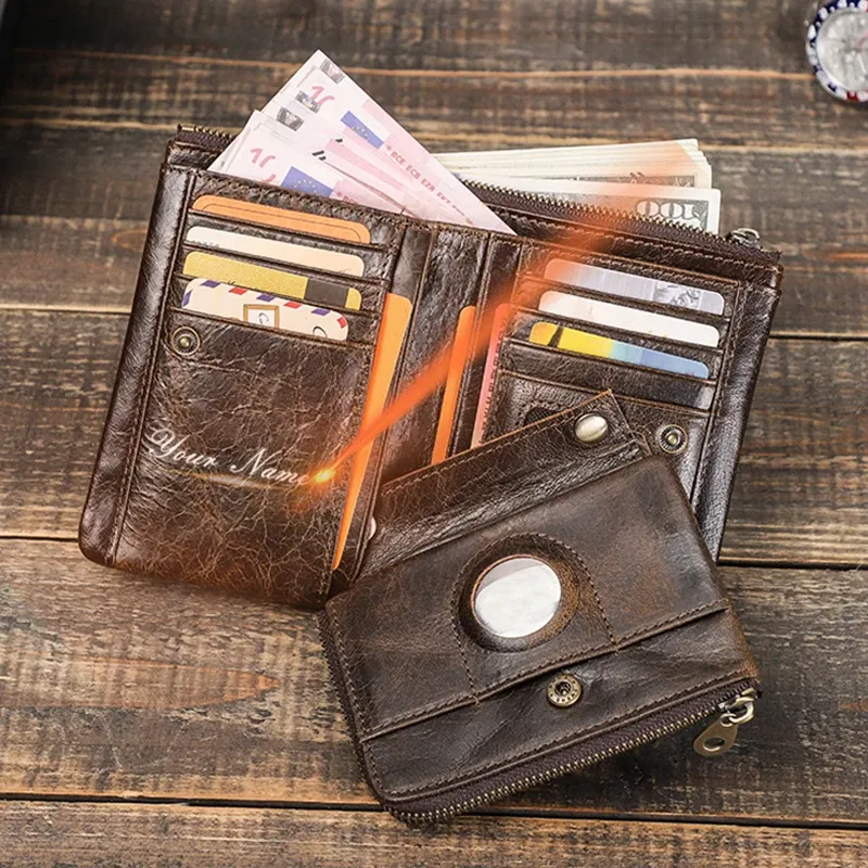 Portefeuilles craquelés en cuir en cuir court courte portefeuilles hommes de qualité portefeuille amovible mâle avec craquette à airtag mince monnaie de poche porte-carte