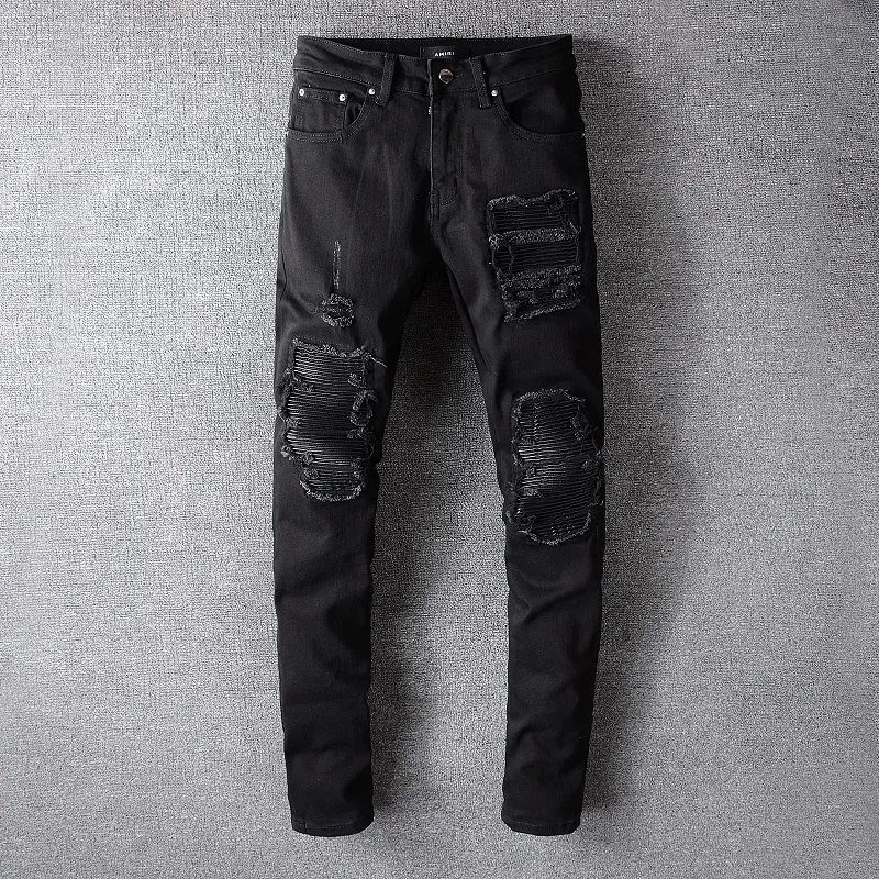 Мужские дизайнерские джинсы расстроенные рваные байкерские байкерские мотоциклетные джинсовые ткани для мужчин высококачественных модных брюк моды джинсы