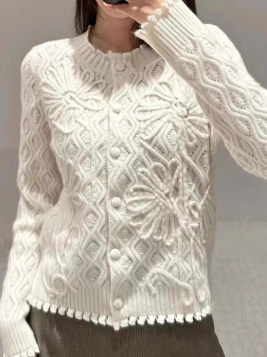 24- 새로운 산 * 드로 흰색 둥근 목이 긴 슬리브 니트 가디건 프랑스 질감 꽃 캐시미어 스웨터