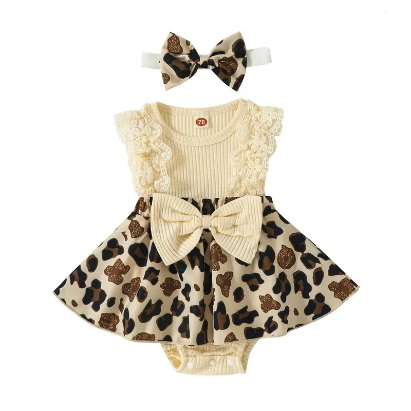 Baby Girl 2st Summer Outfits Sleeveless Leopard Print Romper Dress med pannbandsset 240408