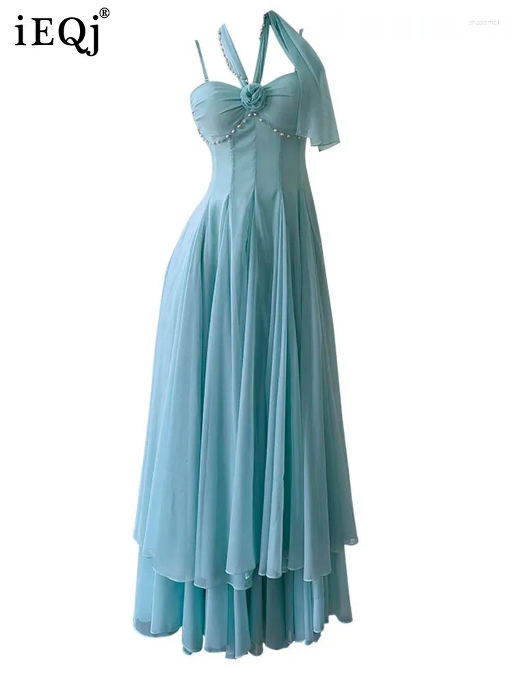 Повседневные платья Halter 3D цветочный дизайн жемчужина с плиссированной для женщин легкие роскошные элегантные платья с высокой талией 2024 одежда 3WQ7508