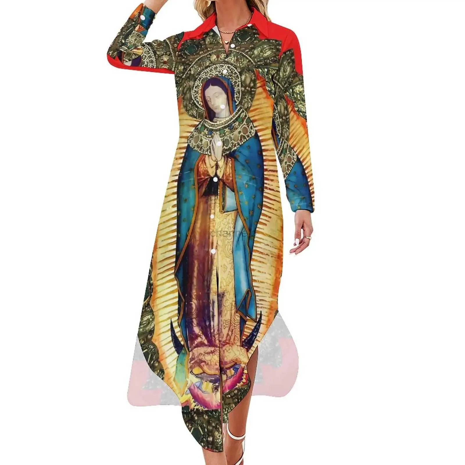 Basic Casual Dresses Our Lady of Guadalupe Chiffon Dress Sexy V Neck Mexican Virgin Mary Beach Dresses Female Street Wear Casual Dress Birthday Gift 240419