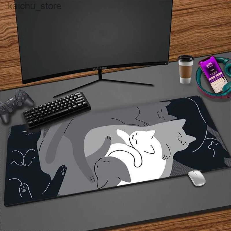 Mouse Pads Wrist Rests Black And White Cat Large Mouse Pad XXL HD Print Cute Carpet Laptop PC Gamer Keyboard Mats XXL Mousepad Kawaii Rubber Desk Mat Y240419