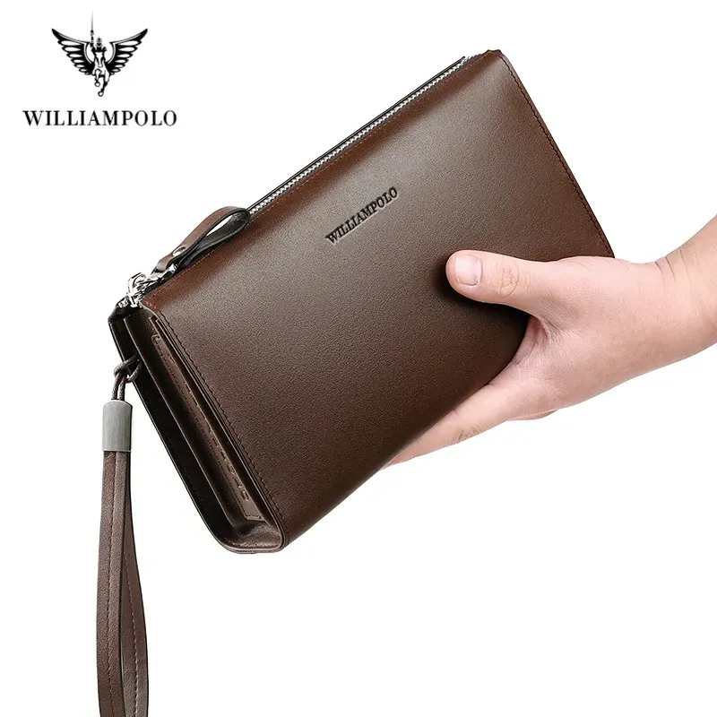 Plånböcker Williampolo 100% Cowhide Leather Men's Clutch Walle Brand Men Leather Purse Fashion Design Plånbok för män stor kapacitet